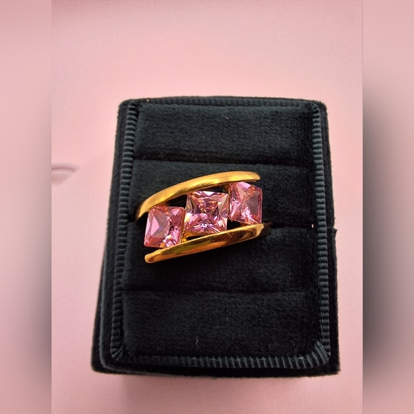 Blush Pink Princess-Cut Triple Crystal RingGold-ToneBoutique New